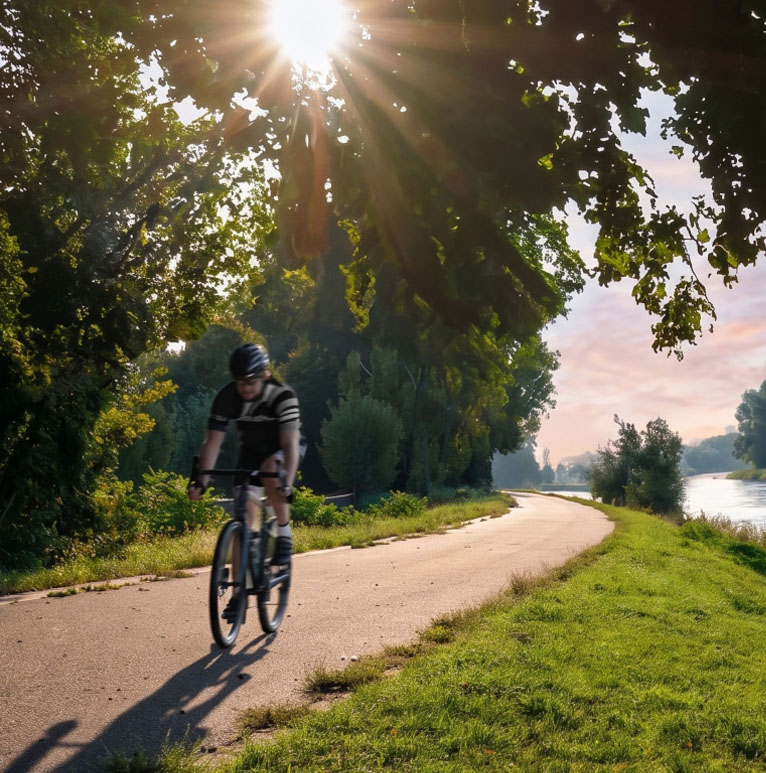 Ein Radfahrer auf dem Elberadweg in der Nähe der Wohnanlage Marina Garden in Dresden