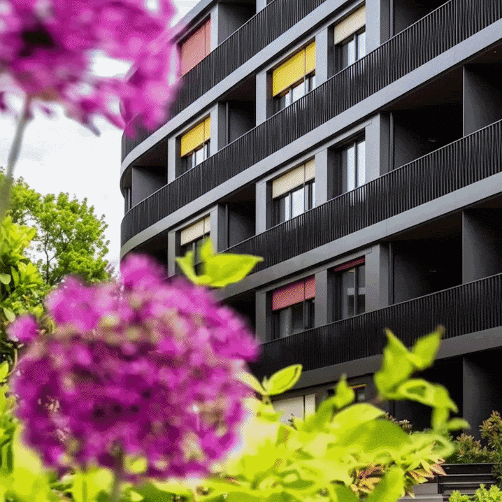 Blick auf das Gebäude aus dem Innenhof der Wohnanlage Marina Garden in Dresden mit Blumen im Vordergrund