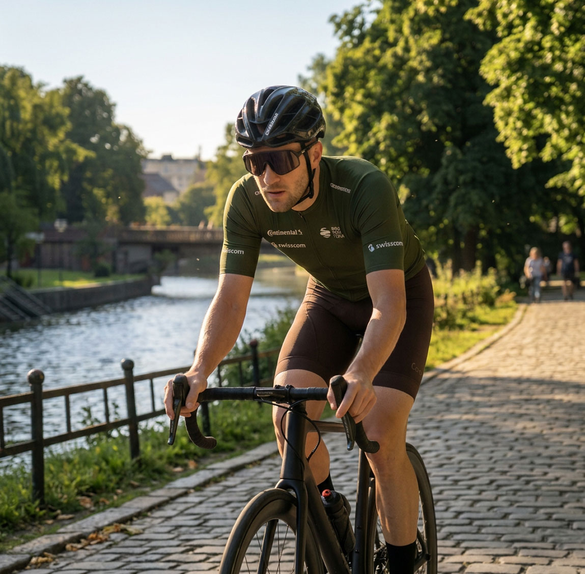 Ein Fahrradfahrer auf dem Elberadweg nahe der Wohnanlage Marina Garden in Dresden
